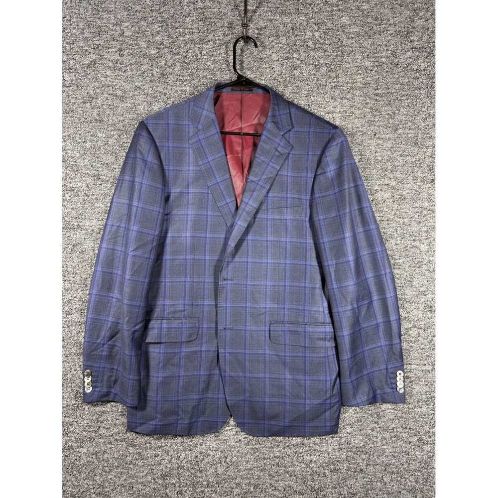 Byron Mens Blue Plaid Two Button Blazer Sport Coat Jacket Burgundy Lining 44R